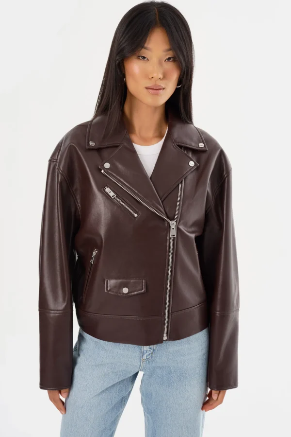 LAMARQUE Leather Jackets | ANDRADE | Recycled Leather Biker Jacket Mahogany