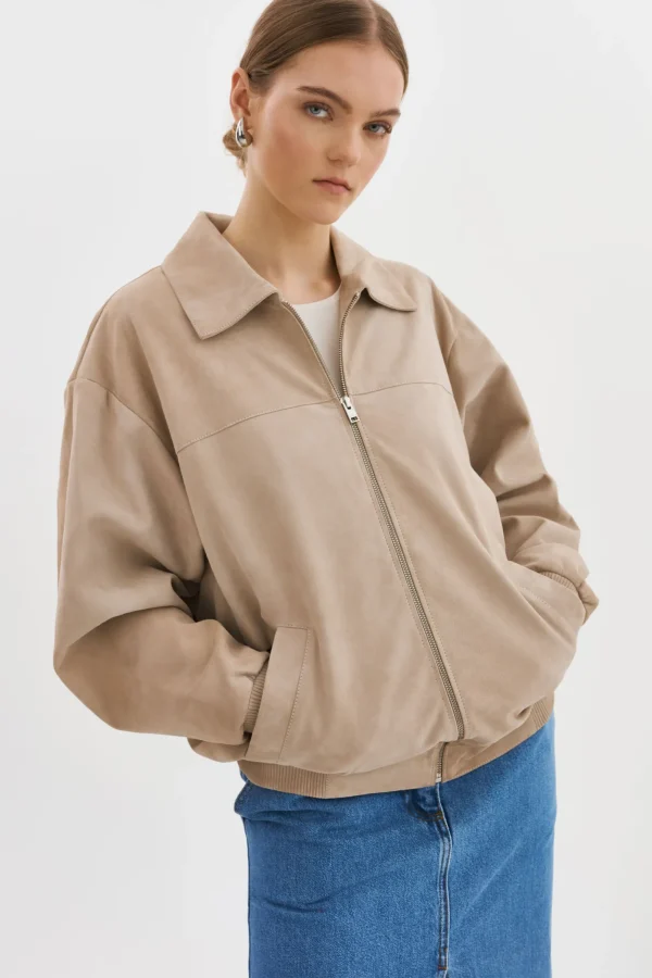LAMARQUE Leather Jackets | CADEN | Oversized Suede Bomber Jacket Sand