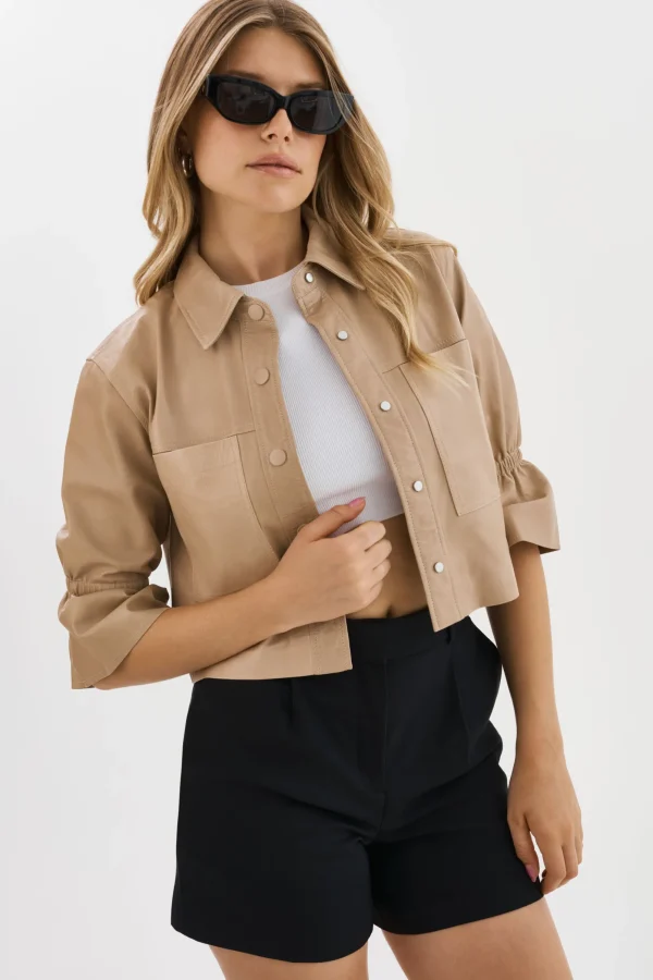 LAMARQUE Leather Jackets | CAROLINA | Leather Ruffle Sleeve Jacket Beige