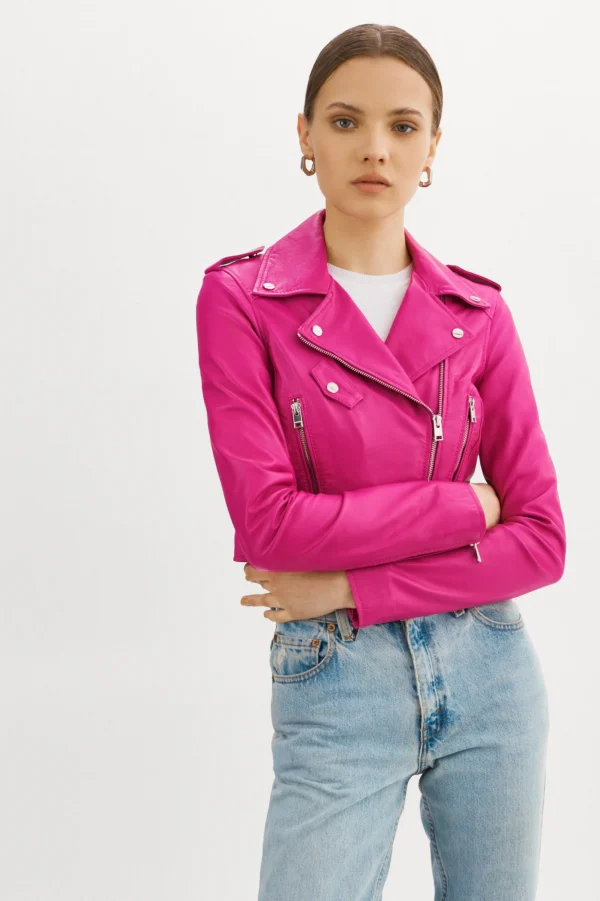 LAMARQUE Leather Jackets | CIARA | Cropped Leather Biker Jacket Fuchsia