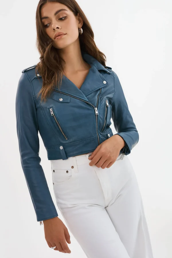 LAMARQUE Leather Jackets | CIARA | Cropped Leather Biker Jacket Slate Blue