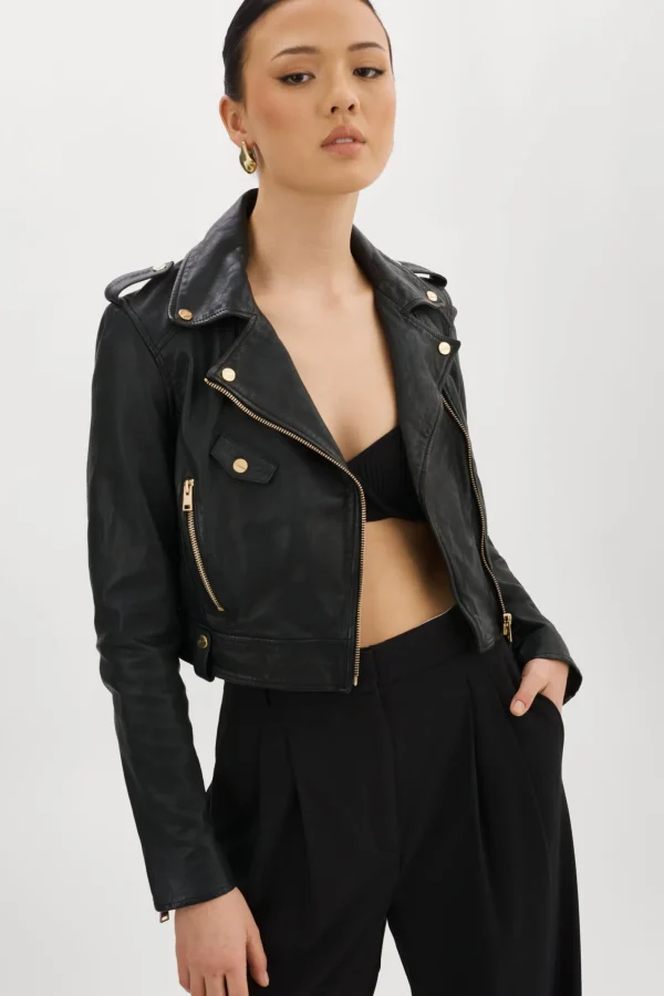 LAMARQUE Leather Jackets | CIARA GOLD | Cropped Leather Biker Jacket Black