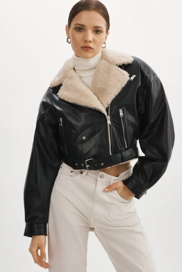 LAMARQUE Leather Jackets | DYLAN | 80's Sherpa Leather Biker Jacket Black/Ecru