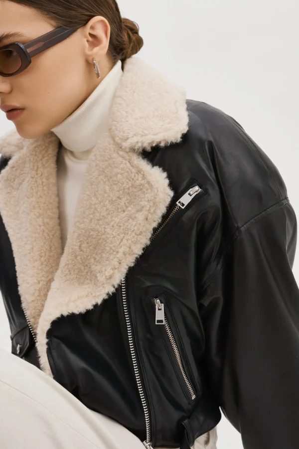 LAMARQUE Leather Jackets | DYLAN | 80's Sherpa Leather Biker Jacket Black/Ecru