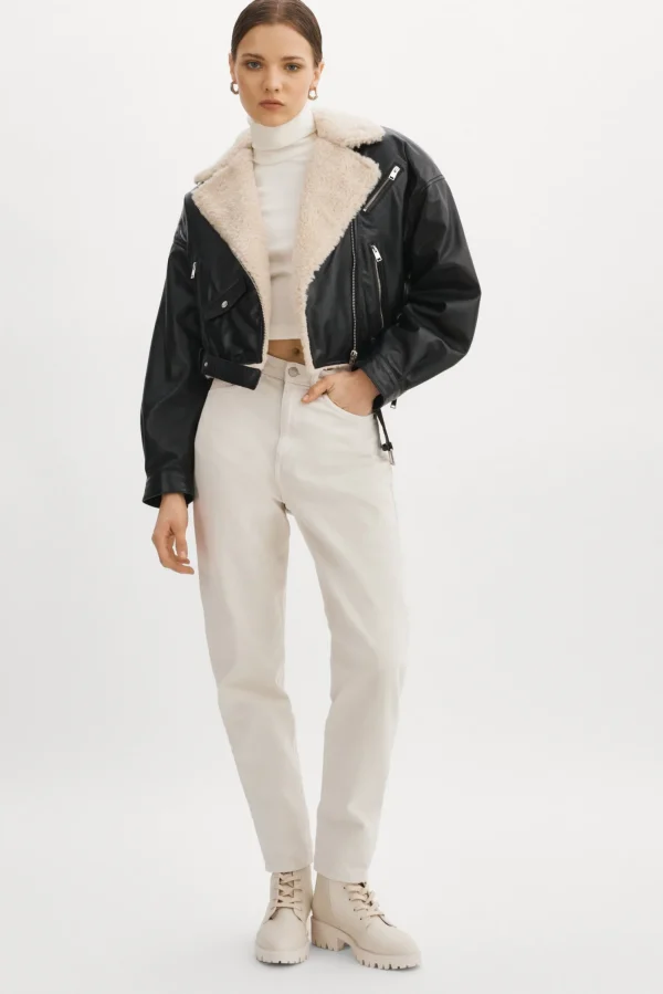 LAMARQUE Leather Jackets | DYLAN | 80's Sherpa Leather Biker Jacket Black/Ecru