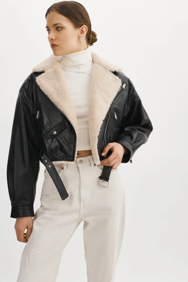 LAMARQUE Leather Jackets | DYLAN | 80's Sherpa Leather Biker Jacket Black/Ecru