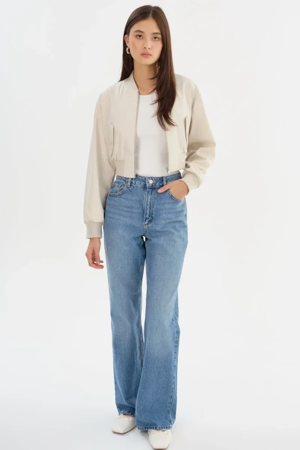 LAMARQUE Leather Jackets | EVELIN | Faux Leather Cropped Bomber Bone