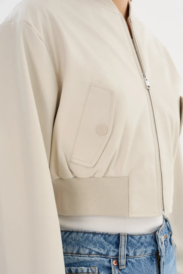 LAMARQUE Leather Jackets | EVELIN | Faux Leather Cropped Bomber Bone