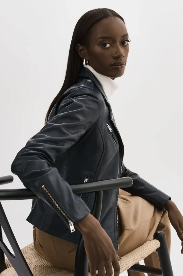 LAMARQUE Leather Jackets | HARPER | Fitted Leather Biker Jacket Navy