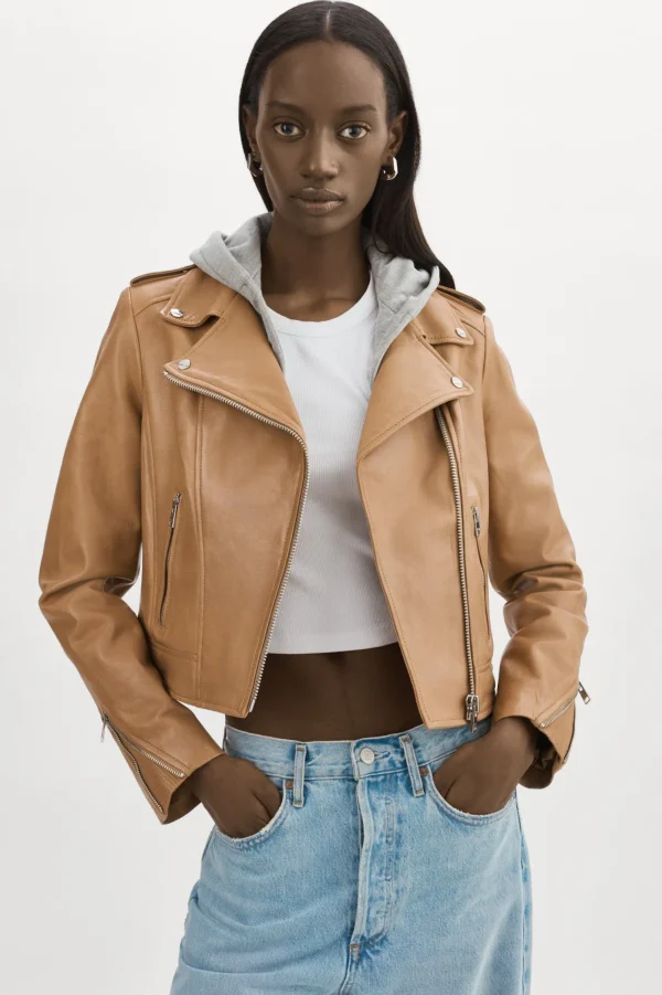 LAMARQUE Leather Jackets | HOLY | Leather Biker Jacket With Removable Hood Sesame