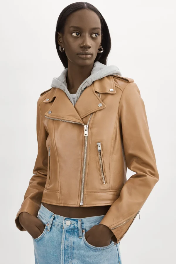 LAMARQUE Leather Jackets | HOLY | Leather Biker Jacket With Removable Hood Sesame