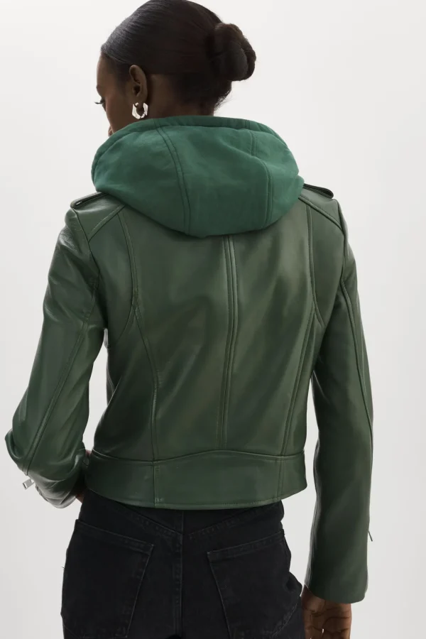 LAMARQUE Leather Jackets | HOLY | Leather Biker Jacket With Removable Hood Alpine Green