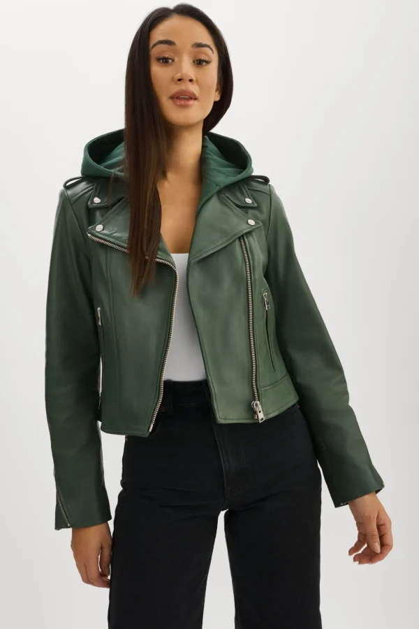 LAMARQUE Leather Jackets | HOLY | Leather Biker Jacket With Removable Hood Alpine Green