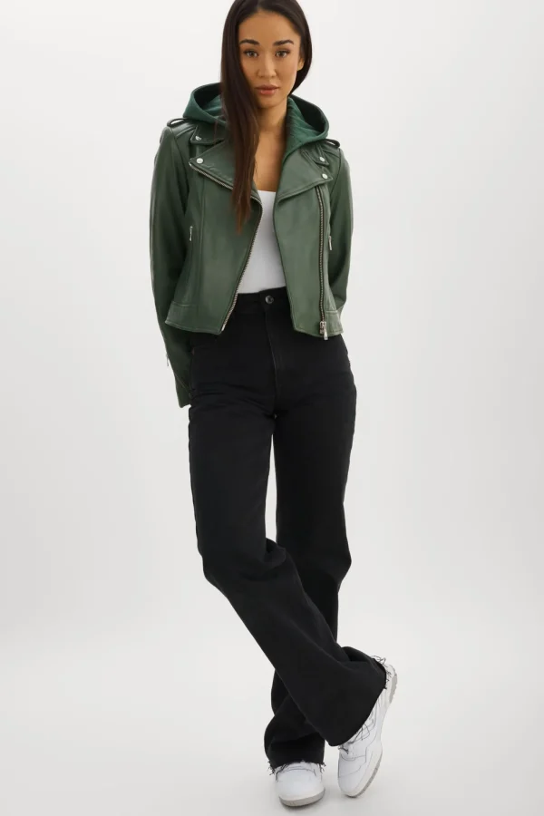 LAMARQUE Leather Jackets | HOLY | Leather Biker Jacket With Removable Hood Alpine Green