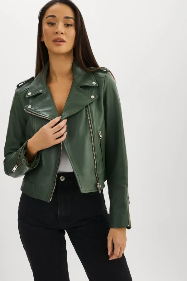 LAMARQUE Leather Jackets | HOLY | Leather Biker Jacket With Removable Hood Alpine Green