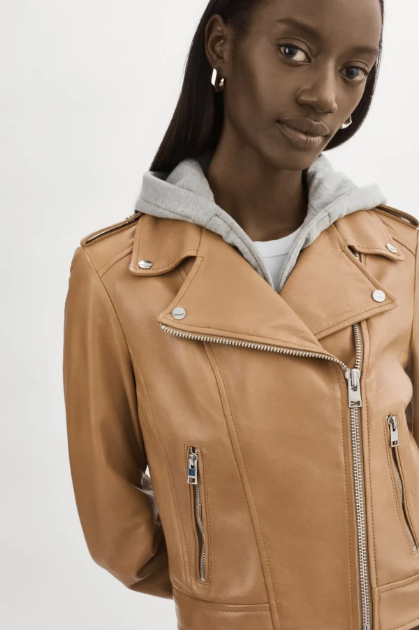 LAMARQUE Leather Jackets | HOLY | Leather Biker Jacket With Removable Hood Sesame