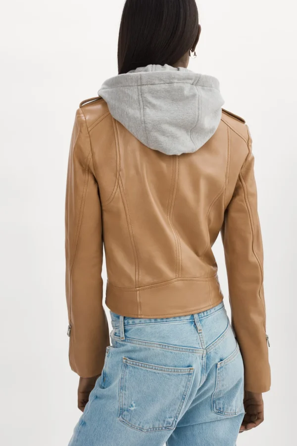 LAMARQUE Leather Jackets | HOLY | Leather Biker Jacket With Removable Hood Sesame