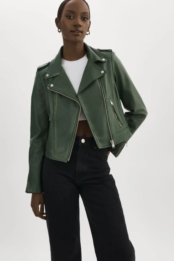 LAMARQUE Leather Jackets | HOLY | Leather Biker Jacket With Removable Hood Alpine Green