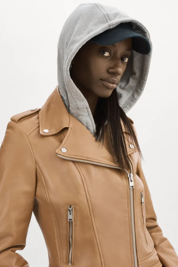 LAMARQUE Leather Jackets | HOLY | Leather Biker Jacket With Removable Hood Sesame