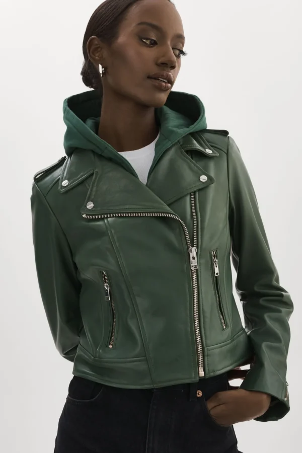 LAMARQUE Leather Jackets | HOLY | Leather Biker Jacket With Removable Hood Alpine Green
