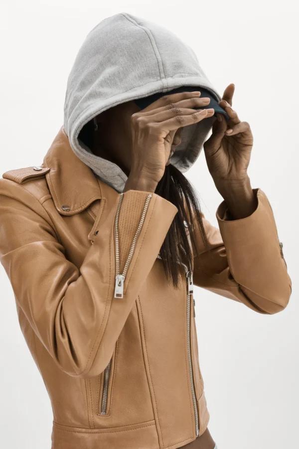 LAMARQUE Leather Jackets | HOLY | Leather Biker Jacket With Removable Hood Sesame
