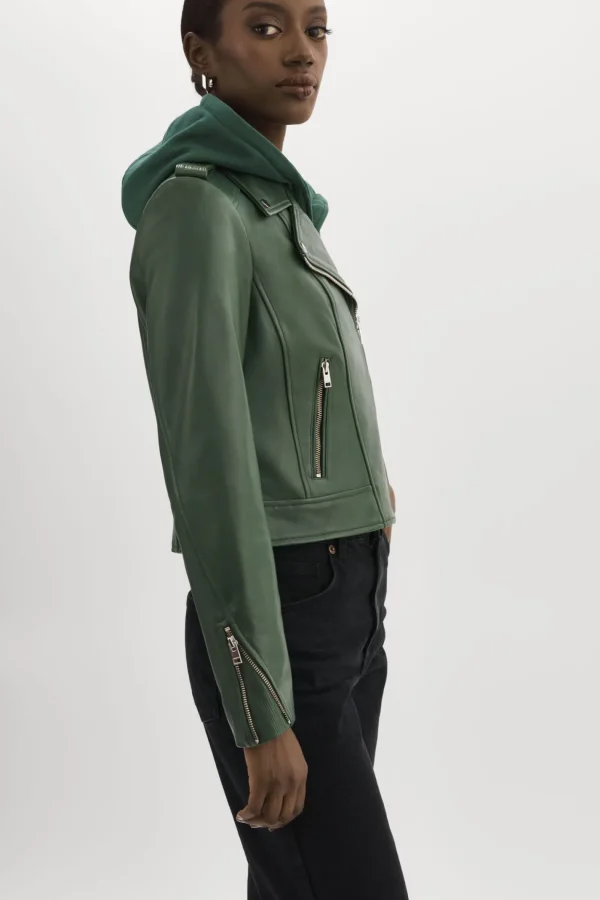 LAMARQUE Leather Jackets | HOLY | Leather Biker Jacket With Removable Hood Alpine Green