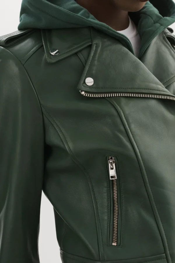 LAMARQUE Leather Jackets | HOLY | Leather Biker Jacket With Removable Hood Alpine Green
