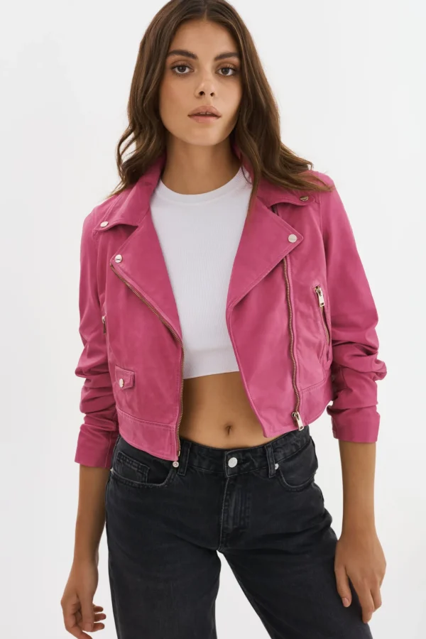 LAMARQUE Leather Jackets | JANIKA | Cropped Leather Biker Jacket Super Pink