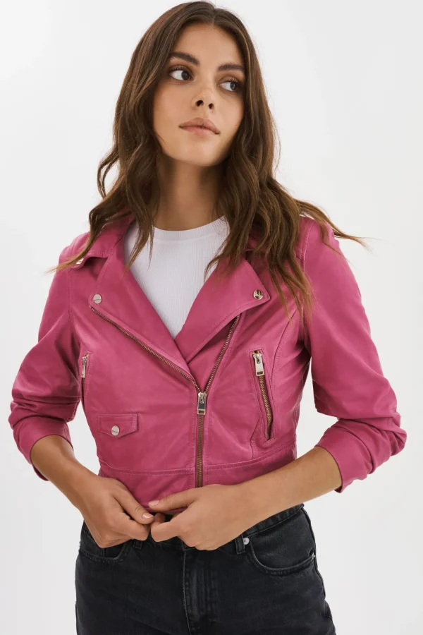 LAMARQUE Leather Jackets | JANIKA | Cropped Leather Biker Jacket Super Pink