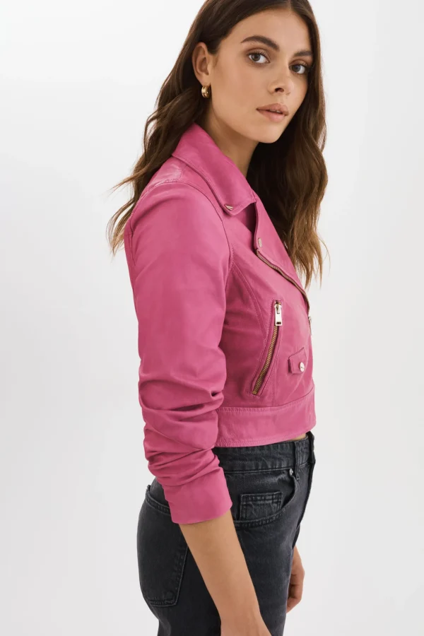 LAMARQUE Leather Jackets | JANIKA | Cropped Leather Biker Jacket Super Pink