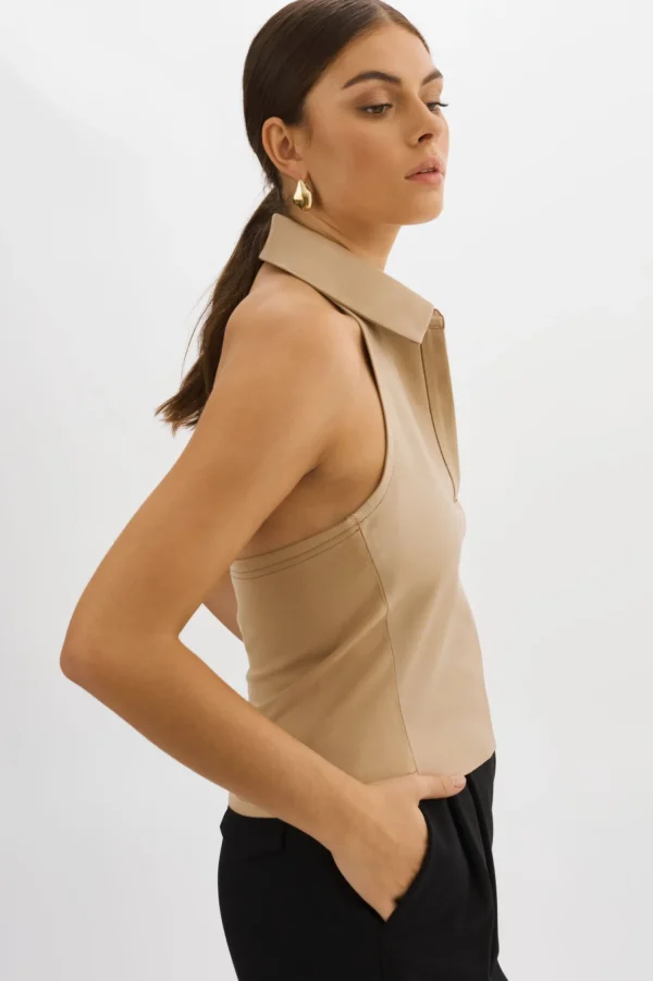 LAMARQUE Tops | JULANE | Leather Halterneck Top WHEAT