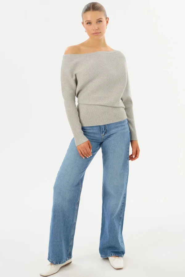 LAMARQUE Tops | LORRAINE | Knit Off Shoulder Top Light Heather Grey