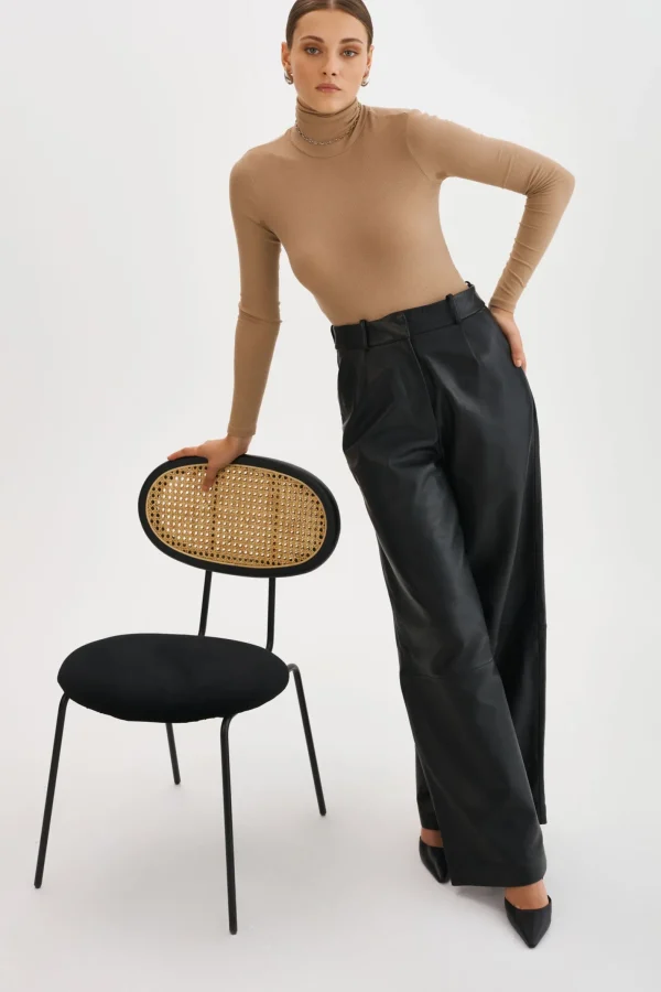 LAMARQUE Pants&Shorts | ROSSA | Wide Leg Leather Trousers Black
