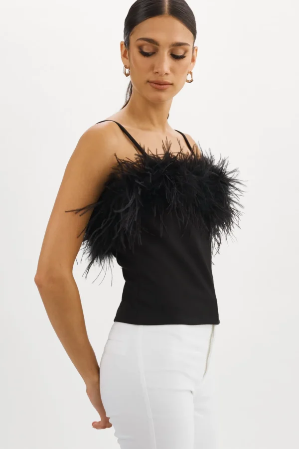 LAMARQUE Tops | YARINA Feather Trimmed Top Black